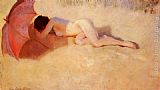 Pierre Carrier-belleuse Famous Paintings - Nu Sous Un Parasol